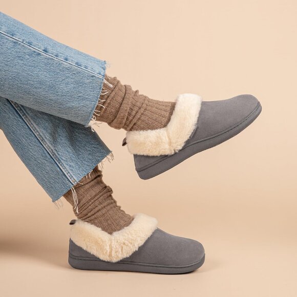 Women's Warm Winter Gray Velvet Fuzzy Collar House Slippers Bootie Shoes - Picture 2 of 6